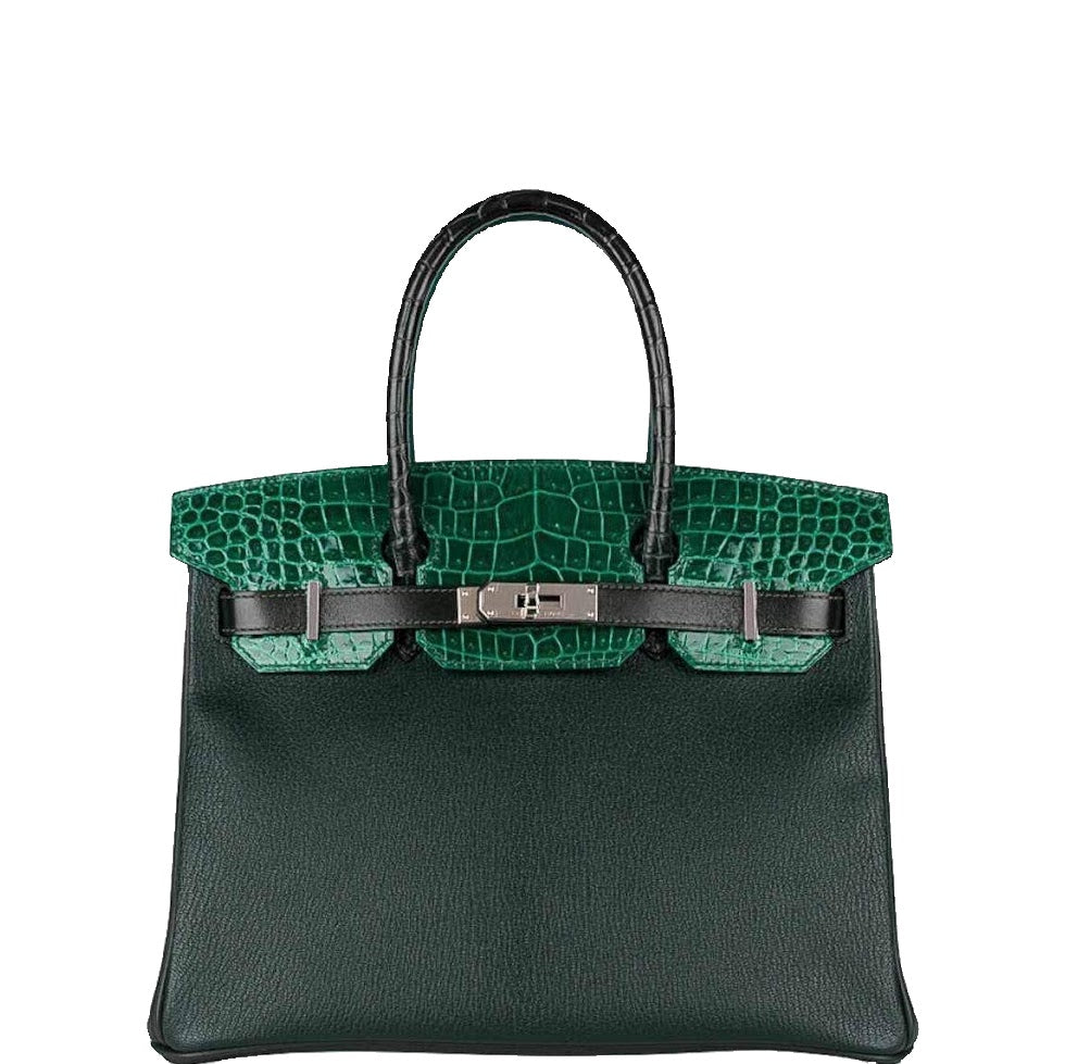 HermesBirkin 30 Vert Emeraude Porosus Crocodile, Vert Titien Multi-Leather & Rose Azalée Patchwork Palladium Hardware