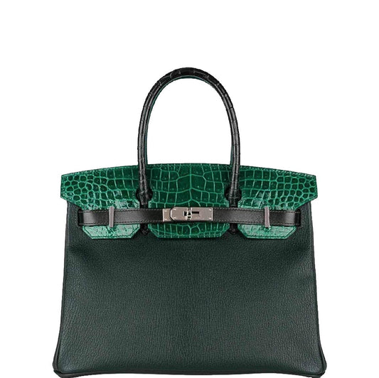 HermesBirkin 30 Vert Emeraude Porosus Crocodile, Vert Titien Multi-Leather & Rose Azalée Patchwork Palladium Hardware