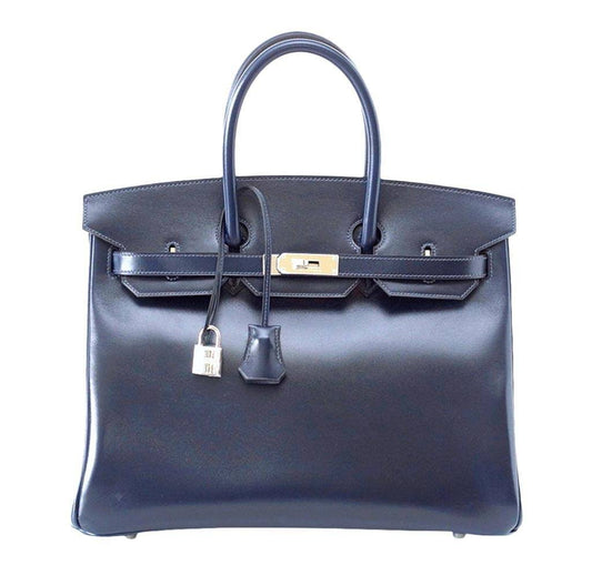HermesBirkin 35 Bleu Marine Box Leather Bag