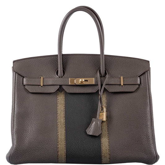 HermesClub Birkin 35 Tri-Color Etain & Graphite Clemence, Gris Fonce Lizard Permabrass Hardware