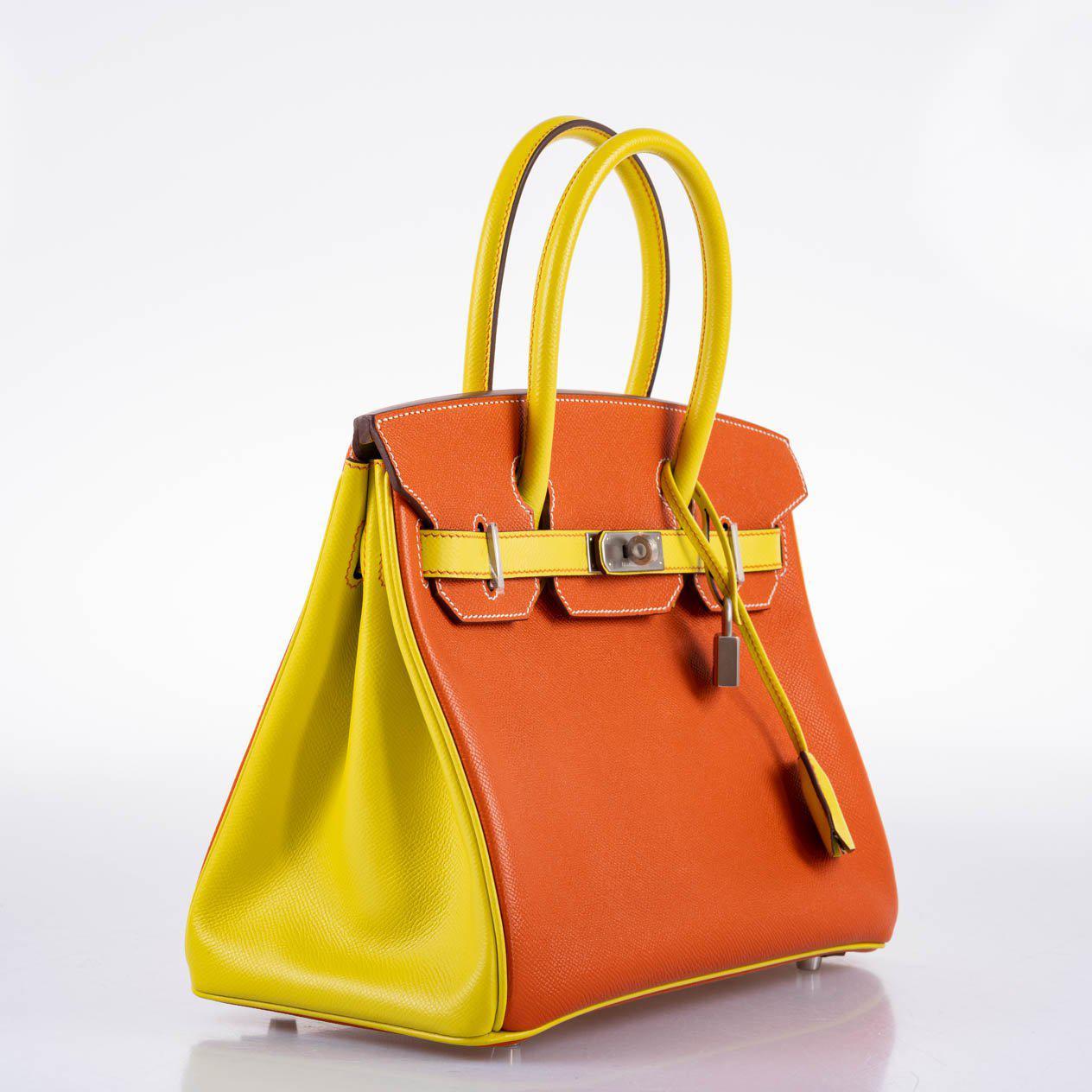 HermesHSS Birkin 30 Feu & Lime Epsom with Brushed Palladium Hardware - 2013, Q Square