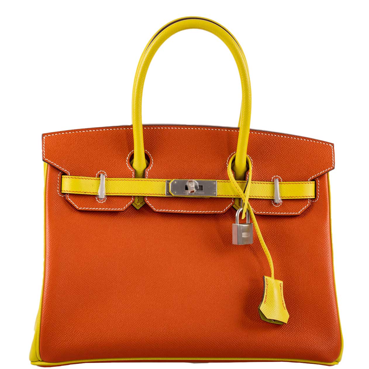 HermesHSS Birkin 30 Feu & Lime Epsom with Brushed Palladium Hardware - 2013, Q Square