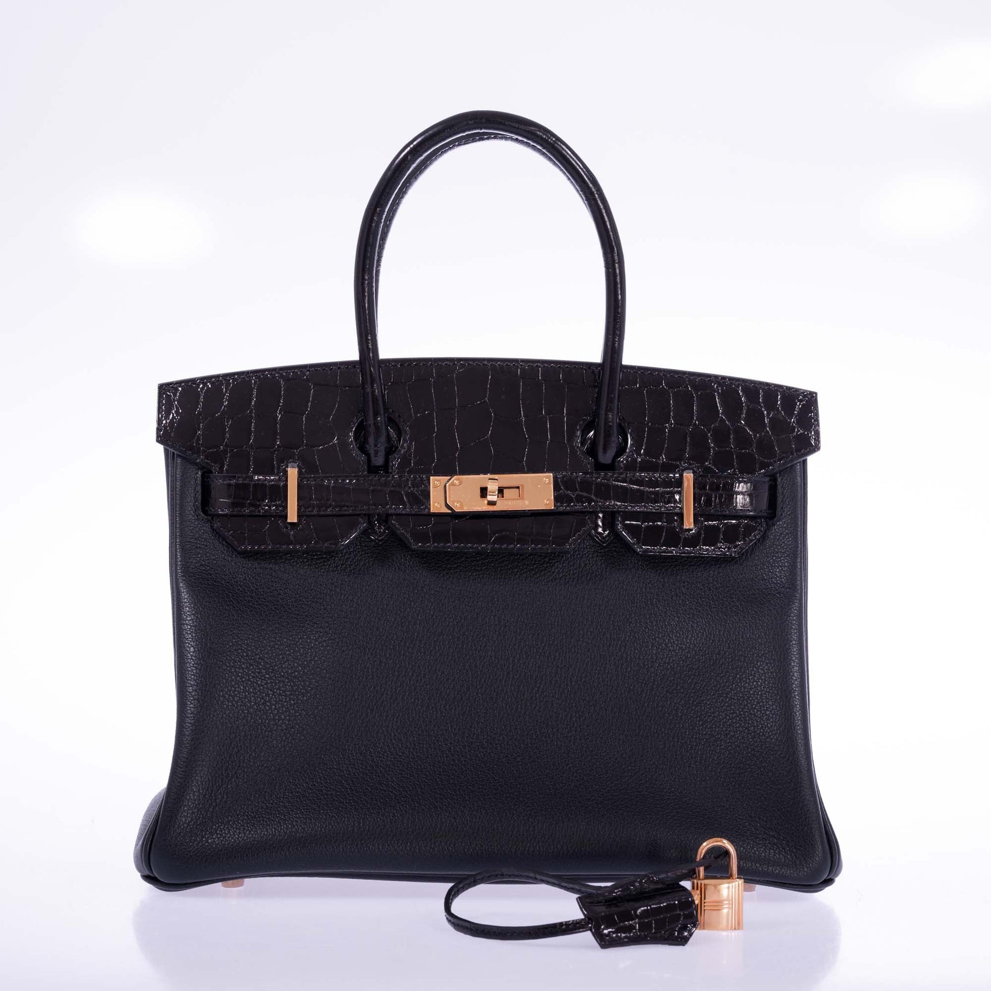 HermesTouch Birkin 30 Black Shiny Nilo Crocodile and Togo Rose Gold Hardware