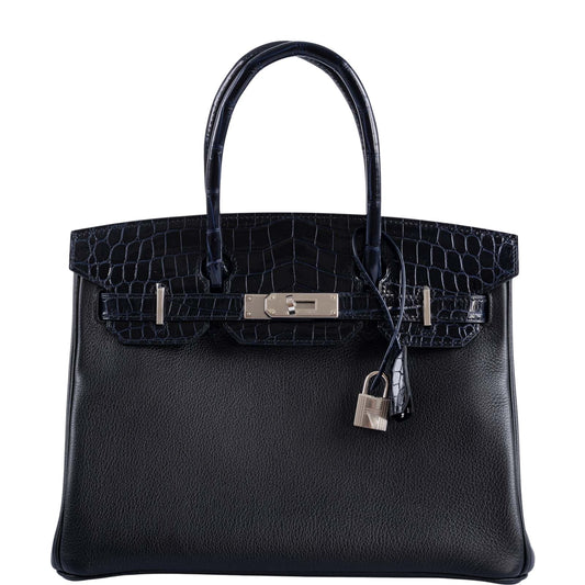 HermesTouch Birkin 30 Shiny Bleu Marine Nilo Crocodile and Black Novillo Palladium Hardware