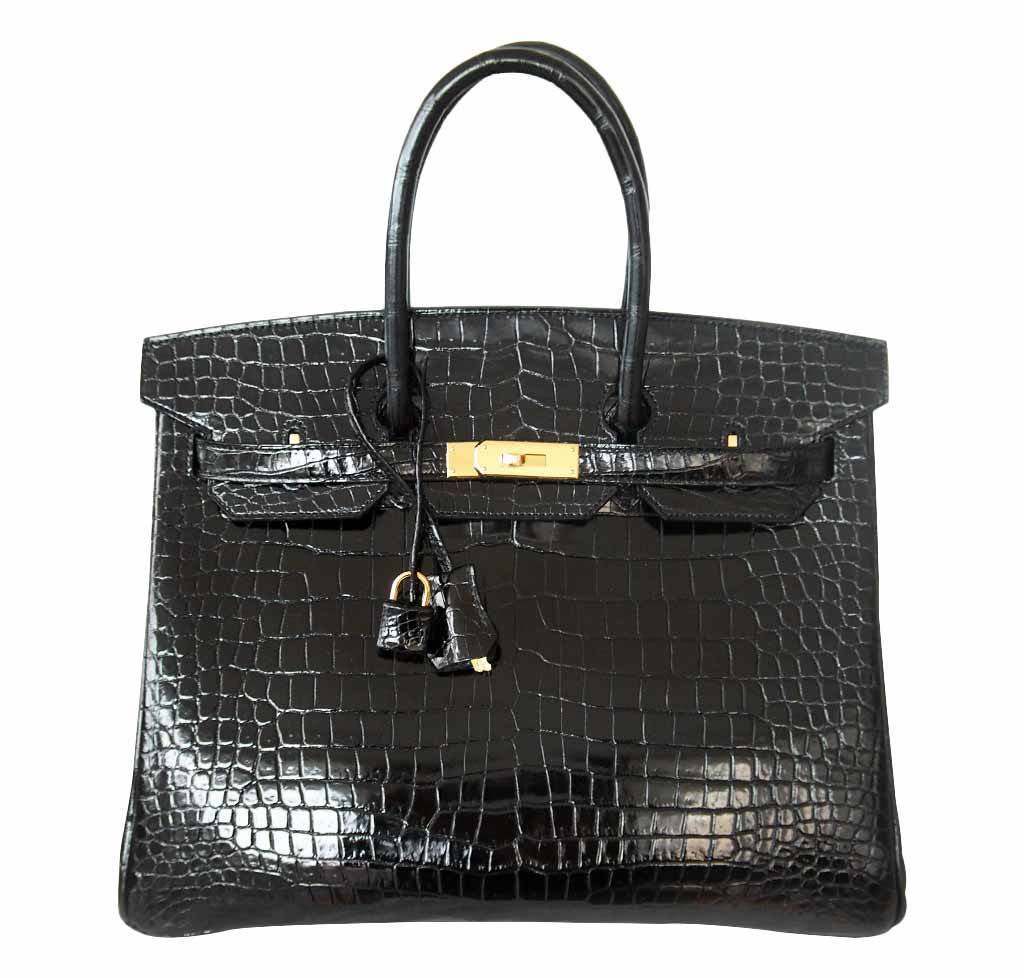 HermesBirkin 35 Black Porosus Crocodile Bag GHW