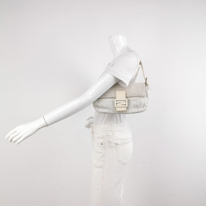 Fendi Baguette   White Glitter Beads Brown Leather