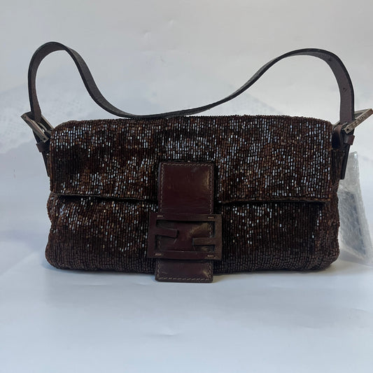 Fendi Baguette Vintage Dark Chocolate Brown Glitter Beads