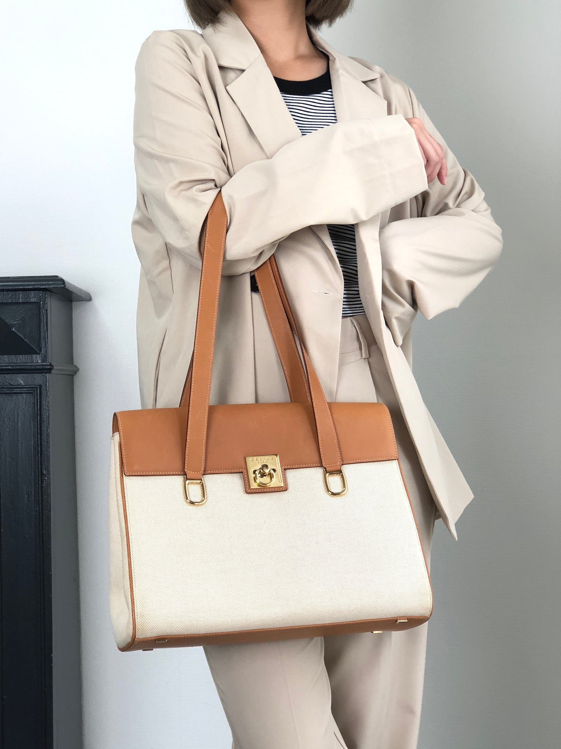 CELINE Gancini Handbag Beige×Brown hzaany