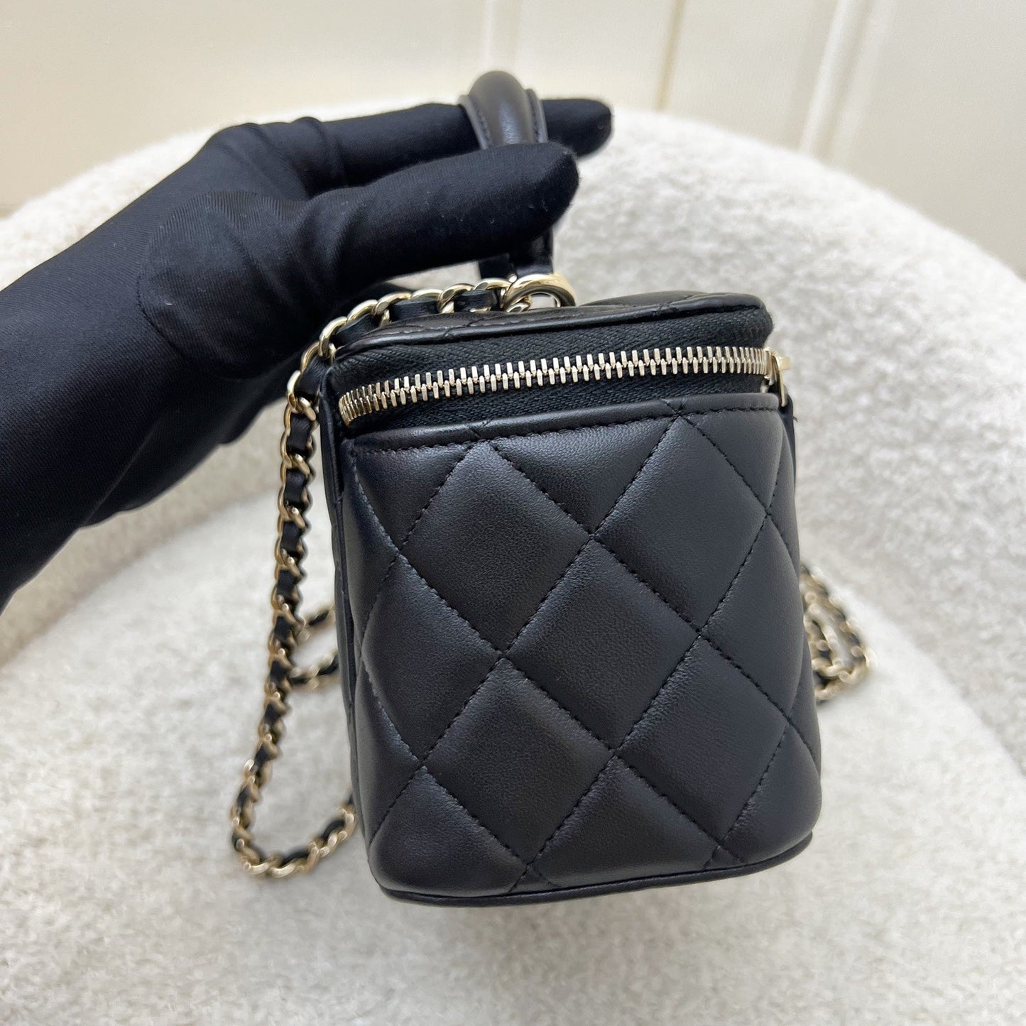 Chanel Top Handle Small Vanity in Black Lambskin and LGHW (Model: AP2199) Handbag