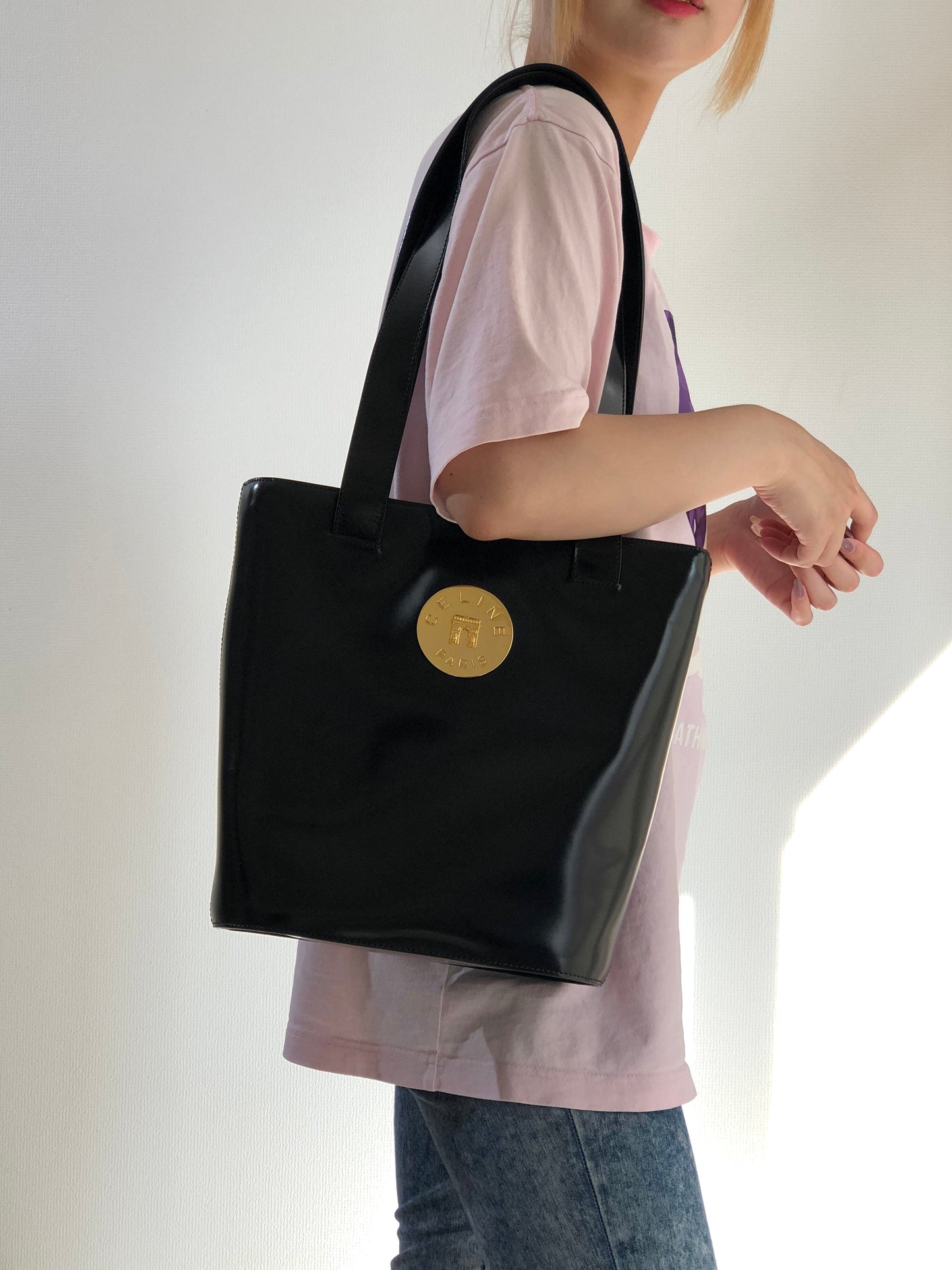 CELINE Arc de Triomphe Plate Leather Tote Bag Black Gold Old Celine