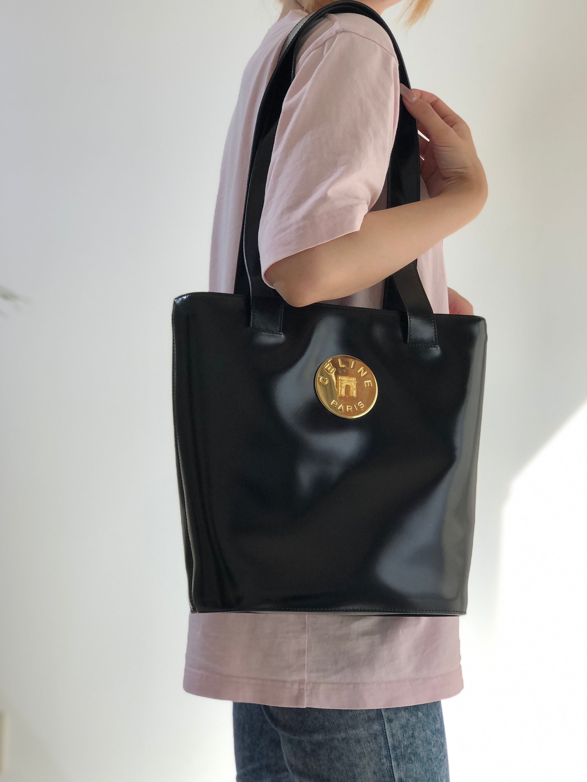 CELINE Arc de Triomphe Plate Leather Tote Bag Black Gold Old Celine
