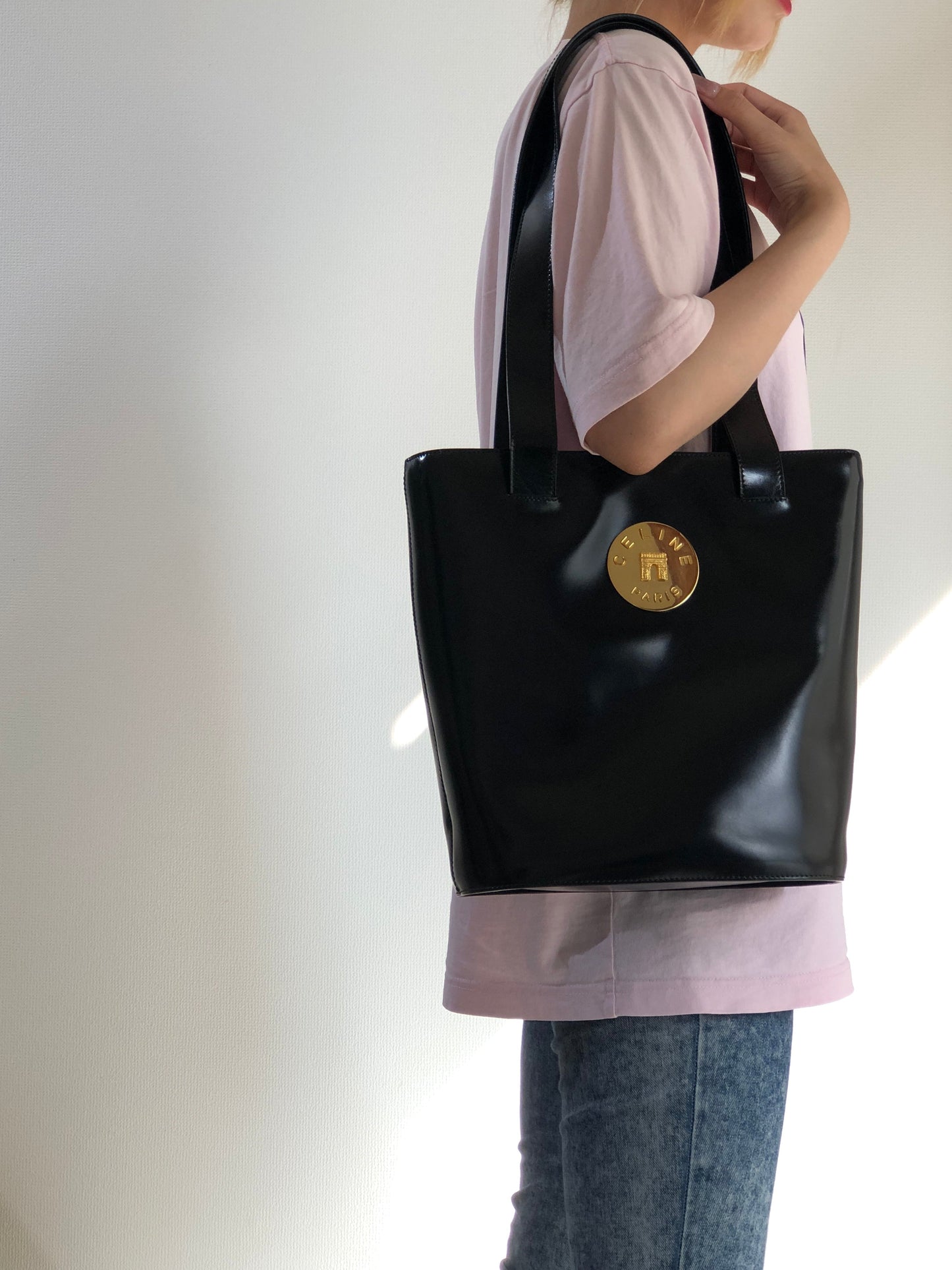 CELINE Arc de Triomphe Plate Leather Tote Bag Black Gold Old Celine