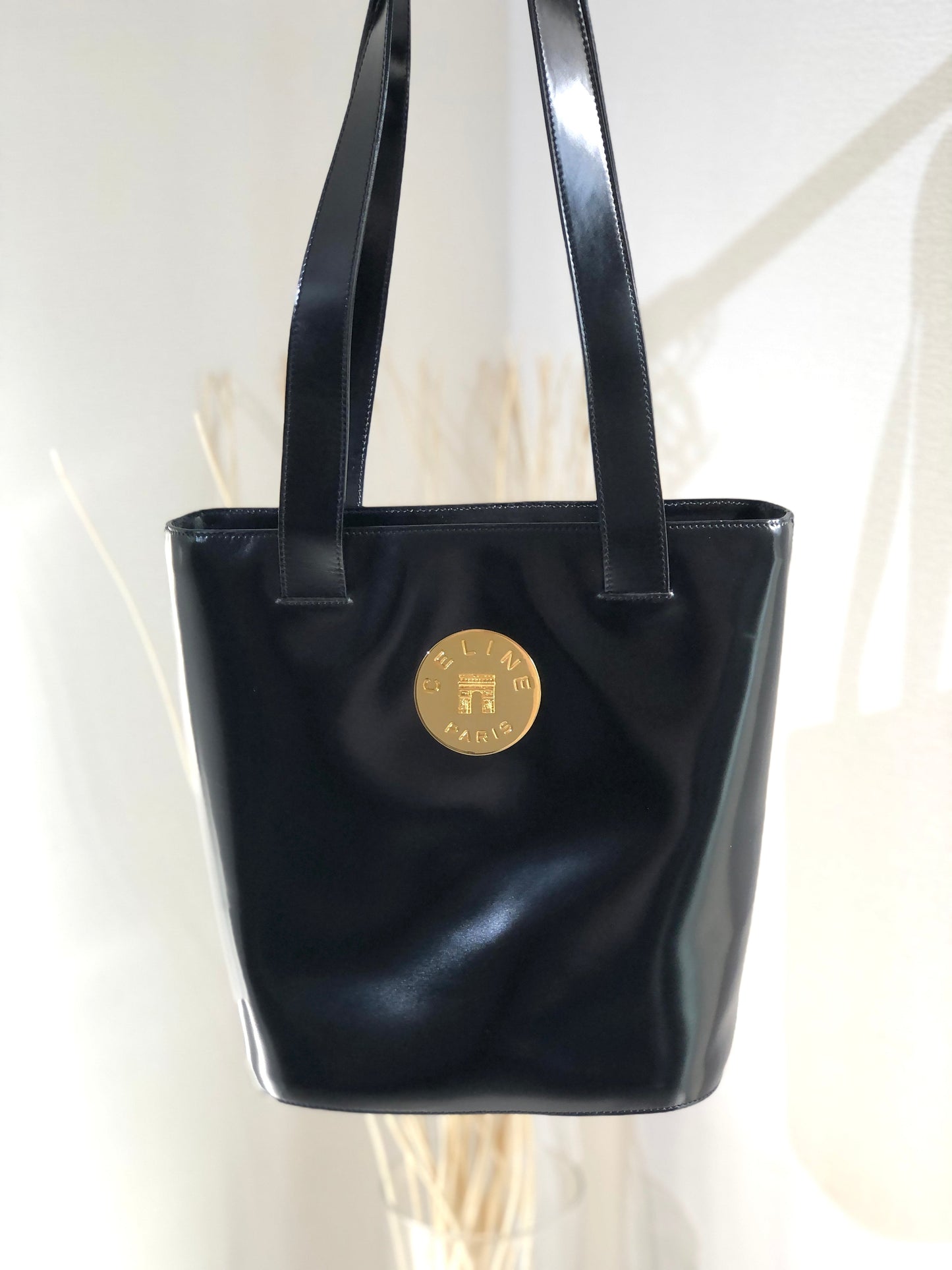 CELINE Arc de Triomphe Plate Leather Tote Bag Black Gold Old Celine