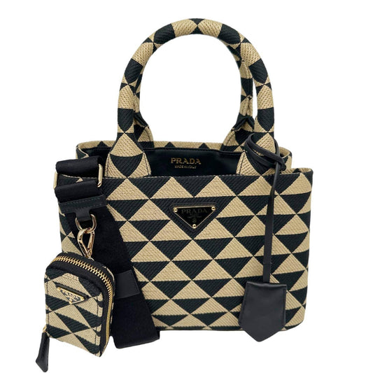 PRADA Symbole Embroidered Canvas Tote Bag Beige