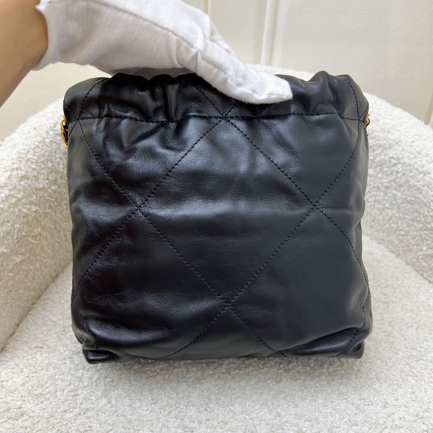 Chanel 22 Mini Hobo Handbag in Black Shiny Calfskin and AGHW