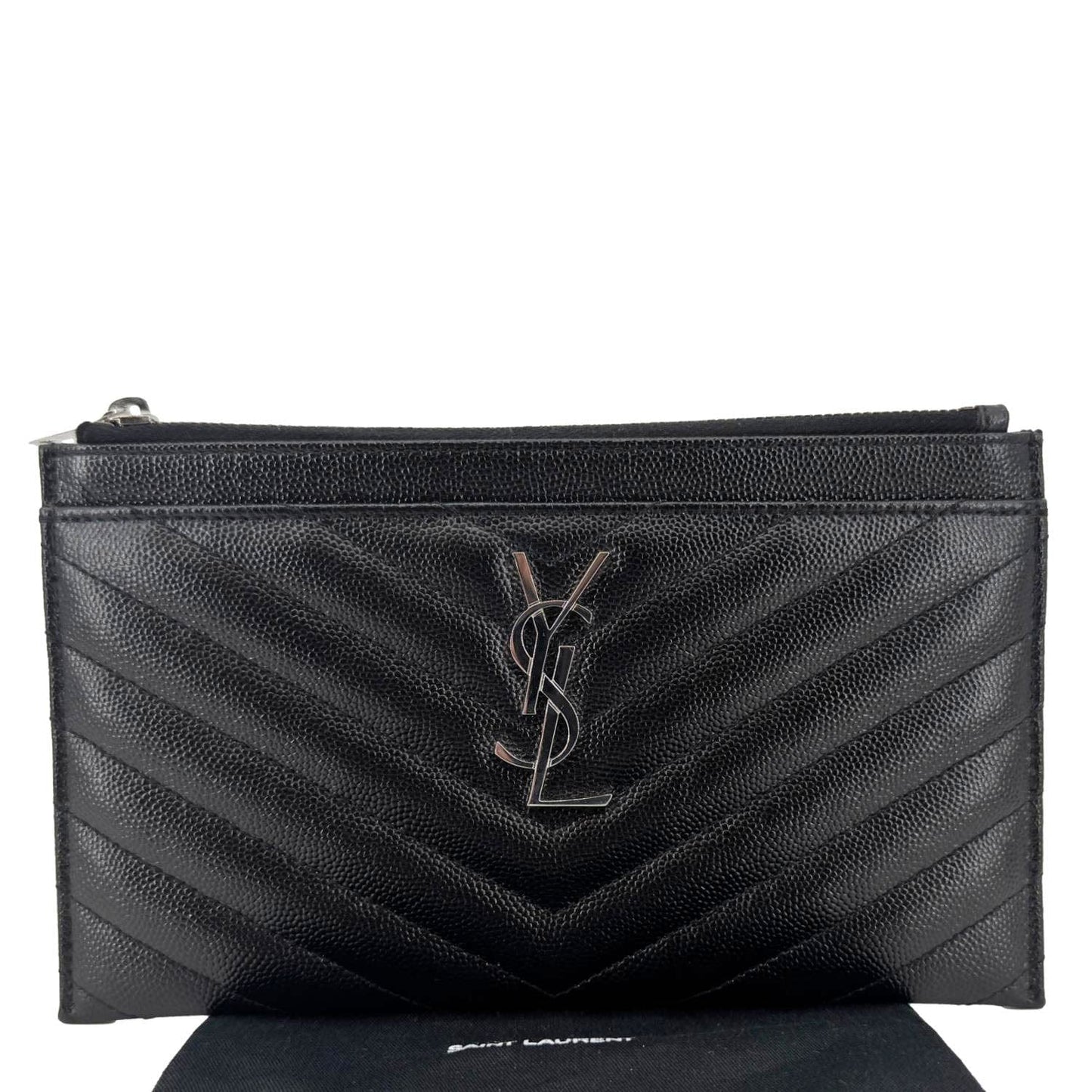YVES SAINT LAURENT Monogram Bill Grain De Poudre Chevron Leather Zip Pouch Black