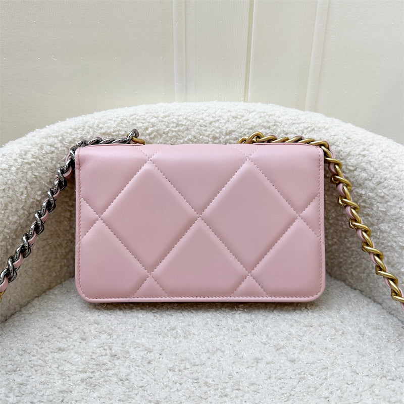 Chanel 19 Wallet on Chain WOC in 22B Pink Lambskin and 3-Tone HW (Model: AP0957) Crossbody