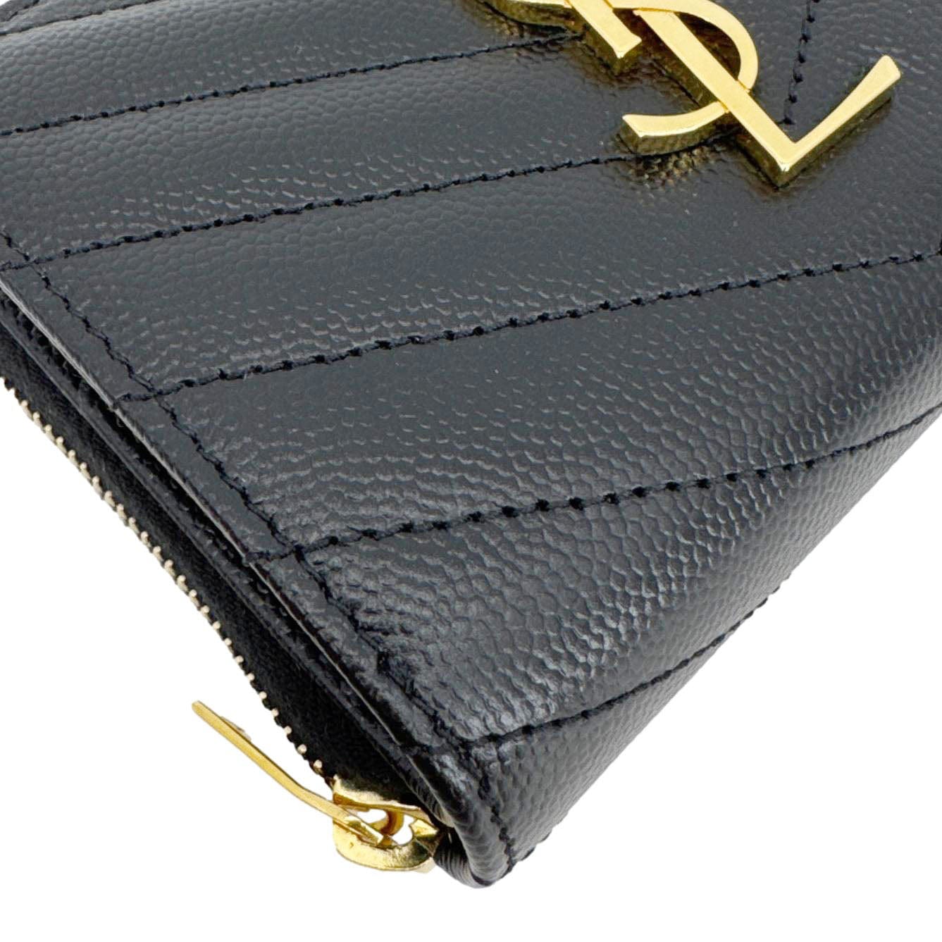 YVES SAINT LAURENT Cassandre Leather Zip Around Compact Wallet Black