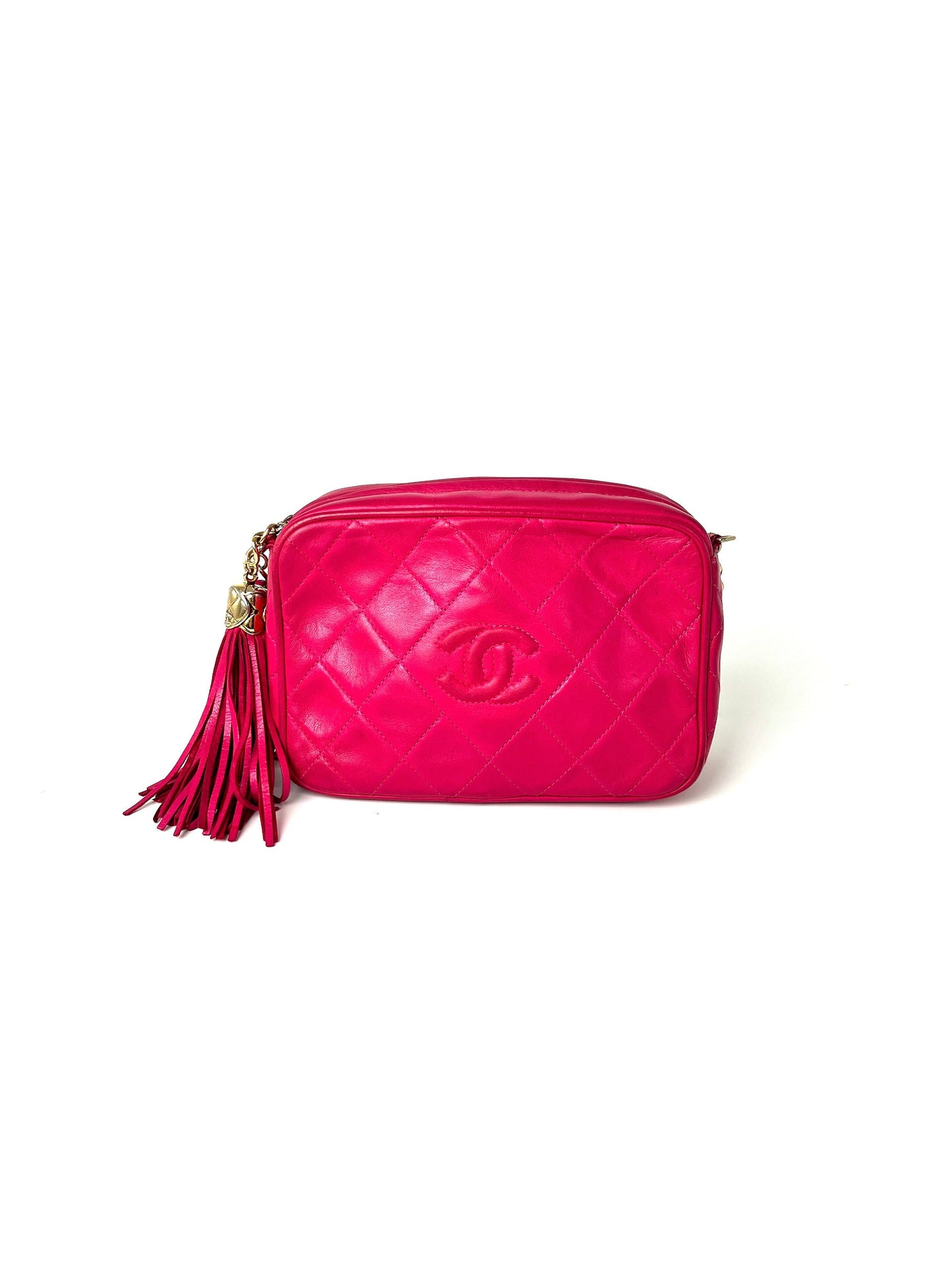 CHANEL Tassel Pink Leather Quilted Crossbody Camera Case Bag