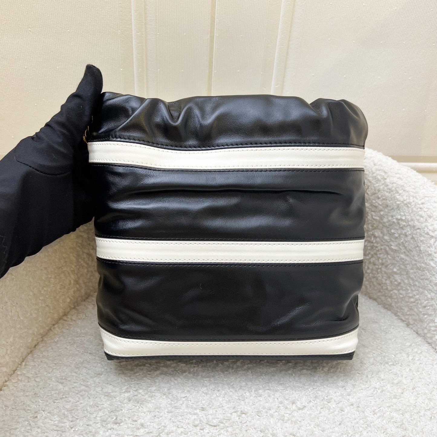 Chanel 22 Mini Hobo Handbag in 24S Striped Black and White Shiny Calfskin and AGHW (Detachable Strap)