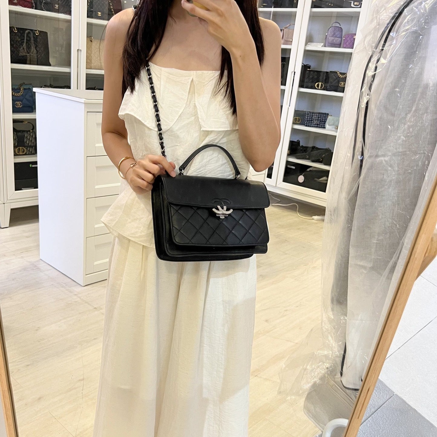 Chanel Seasonal Medium Flap Bag with 2-tone CC Logo in Black Caviar and SHW (Model: A98646)
