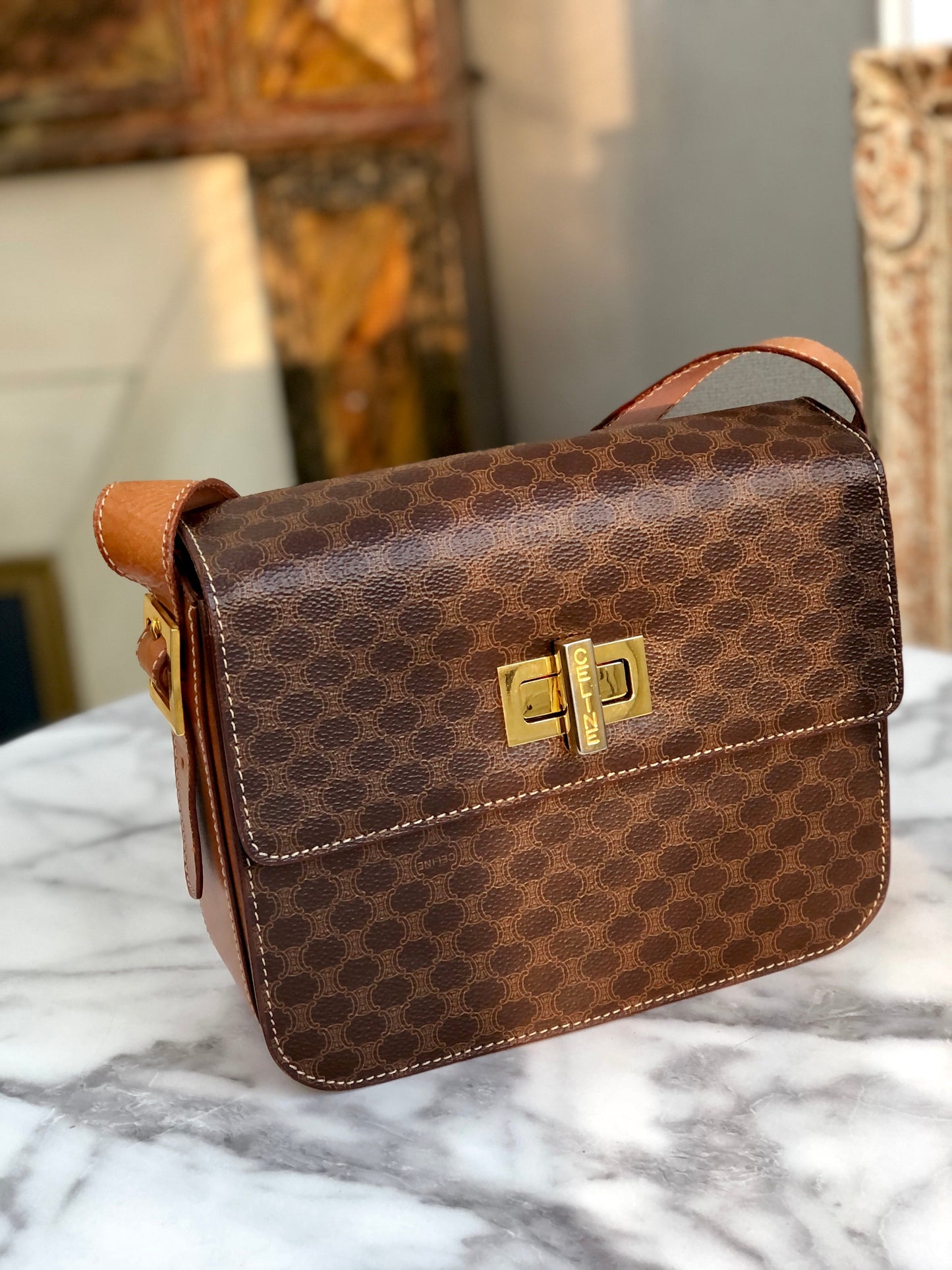 CELINE Macadam Turn lock Crossbody Shoulder bag Brown Old CELINE 3rrk6a