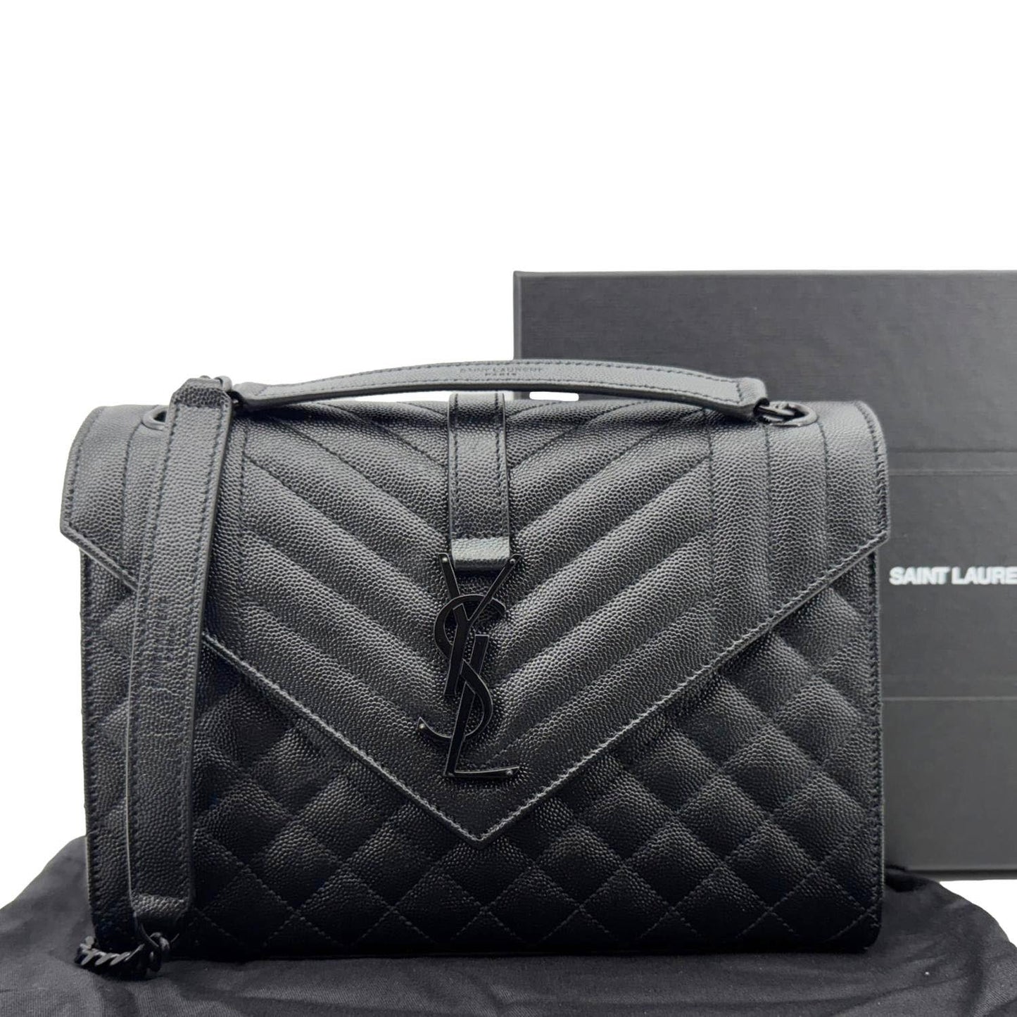 YVES SAINT LAURENT Envelope Medium Grain De Poudre Leather Shoulder Bag Black