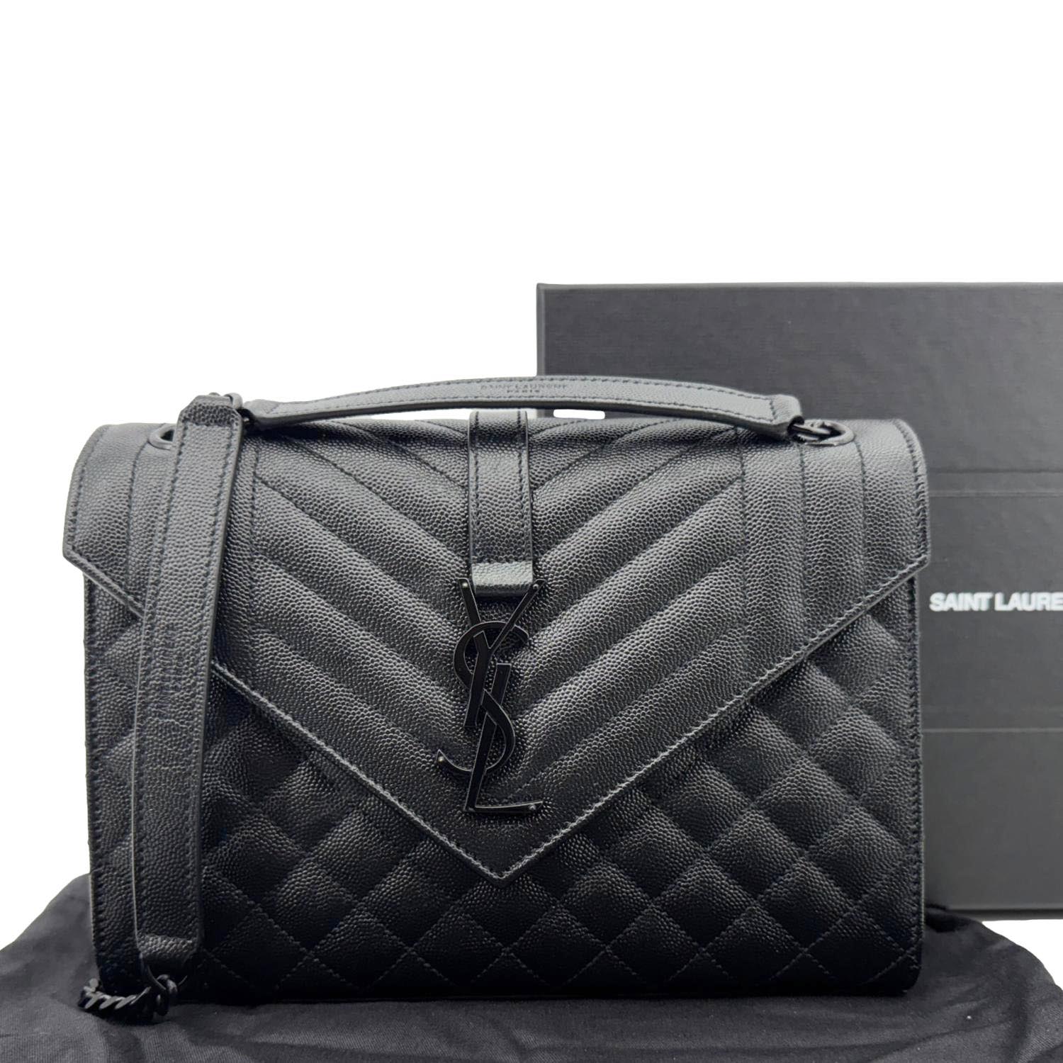YVES SAINT LAURENT Envelope Medium Grain De Poudre Leather Shoulder Bag Black