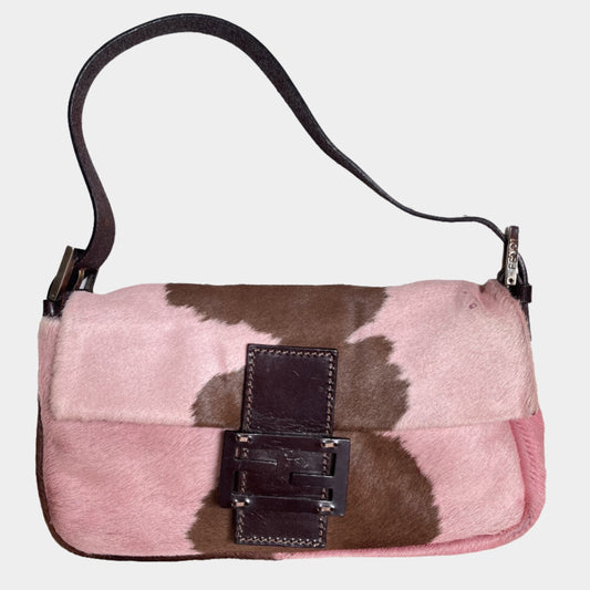 Fendi Baguette Pony-style Calfskin Leather Shoulder Bag in Pink Cow Print