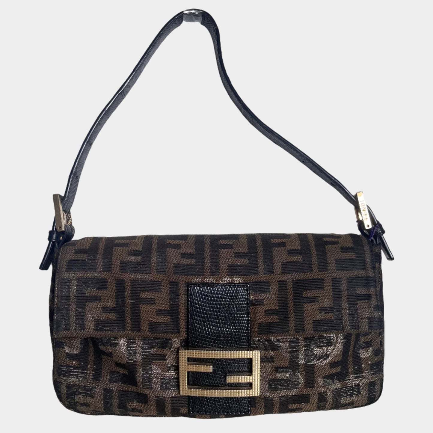 Fendi Baguette Classic Zucca Print Fendi Monogram Glossy Embroidery Lizzard Skin Strap