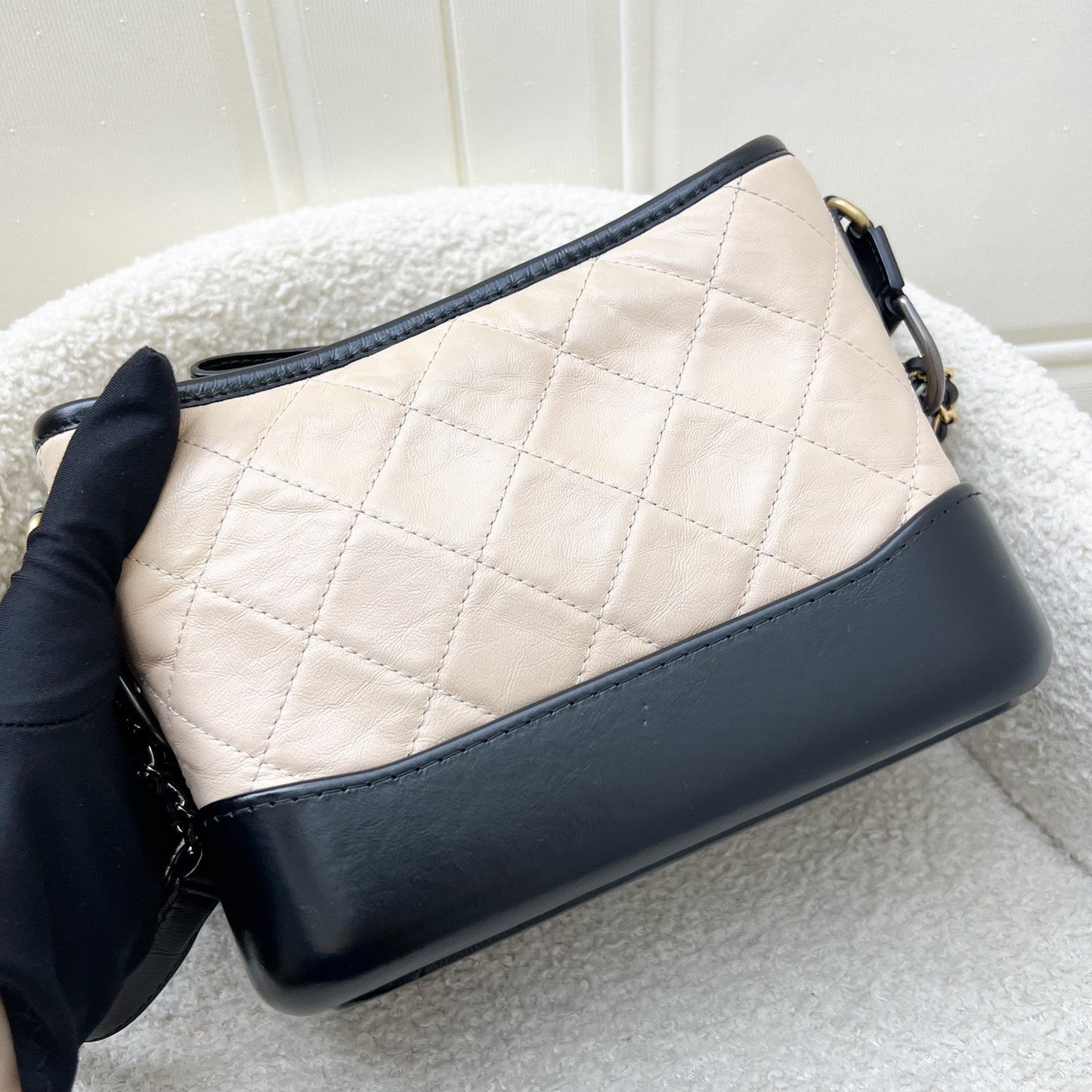 Chanel Small Gabrielle Hobo in Beige Distressed Calfskin, Black Base and 3 Tone HW Shoulder Bag