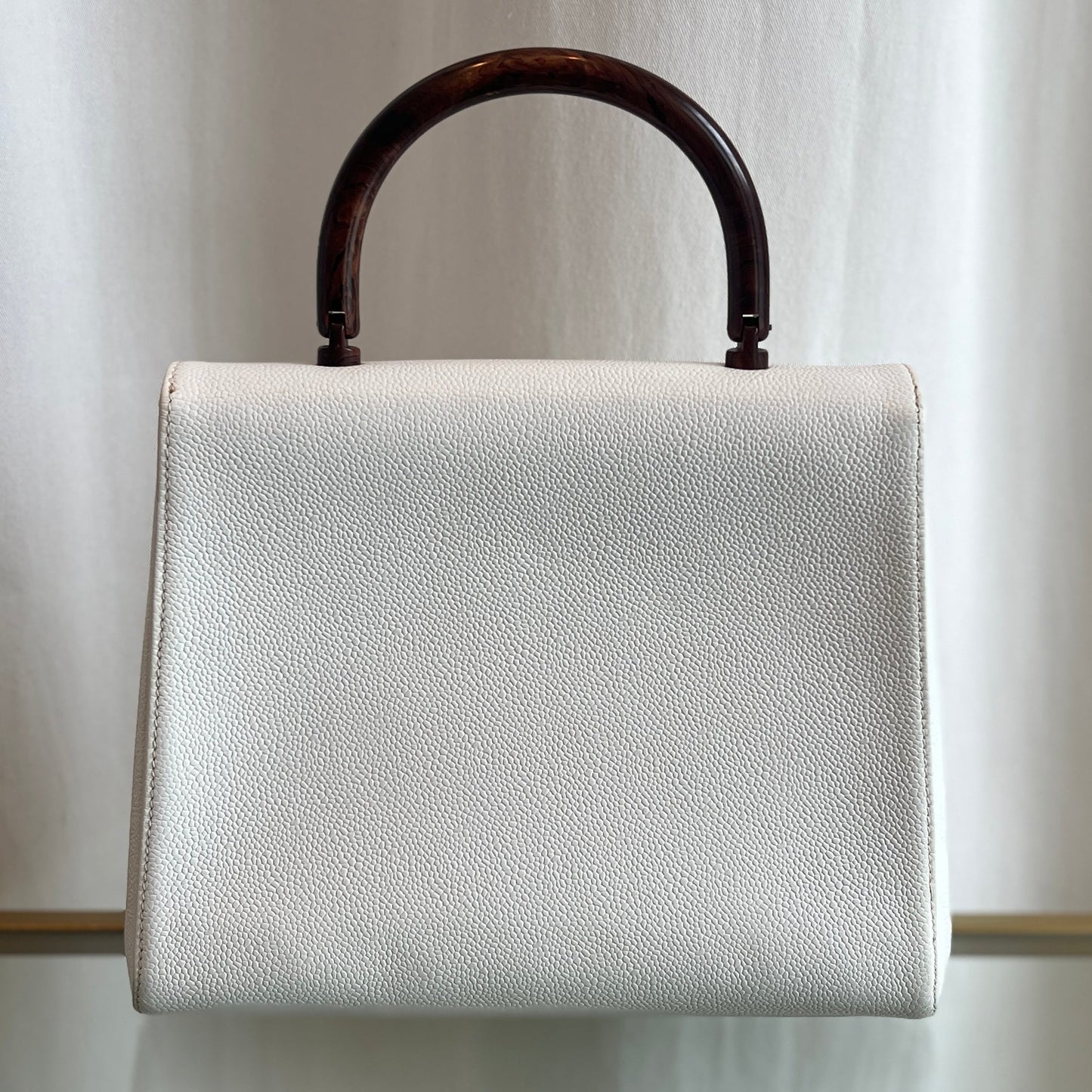 CHANEL White Caviar Leather Wood Top Handle Coco Mark Satchel Handbag