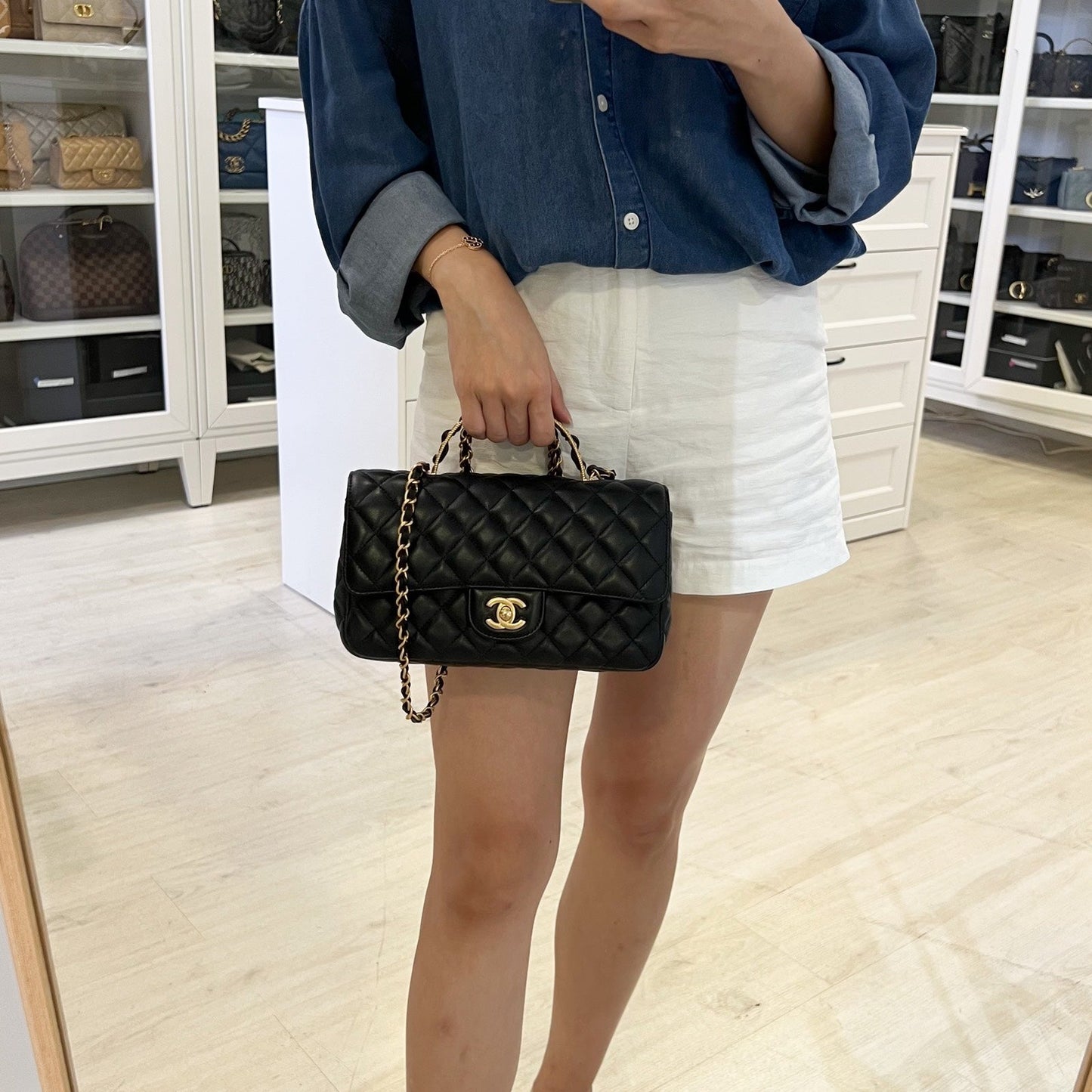 Chanel 23K Small Flap with Top Handle in Black Lambskin and AGHW (Model: AS4408) Handbag
