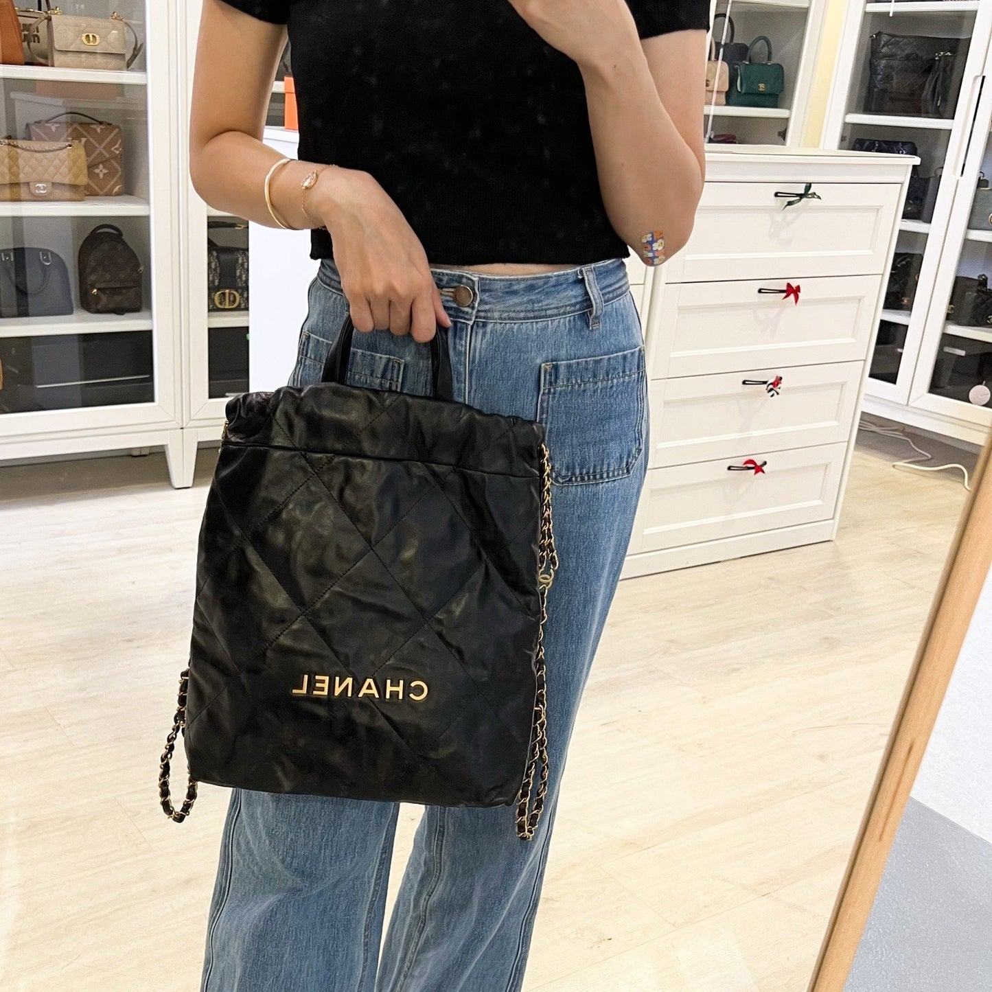 Chanel 22 Small Backpack in Black Shiny Calfskin and AGHW