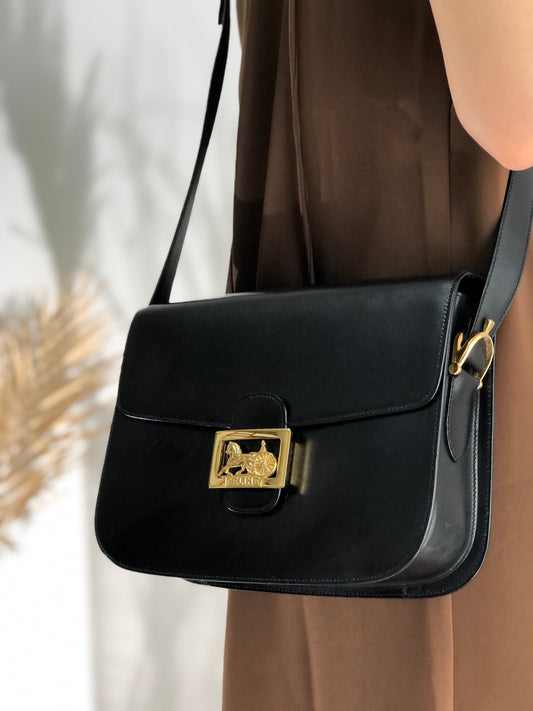 CELINE Horse carriage Leather Crossbody Shoulder bag Black Old celine 4vjaaf