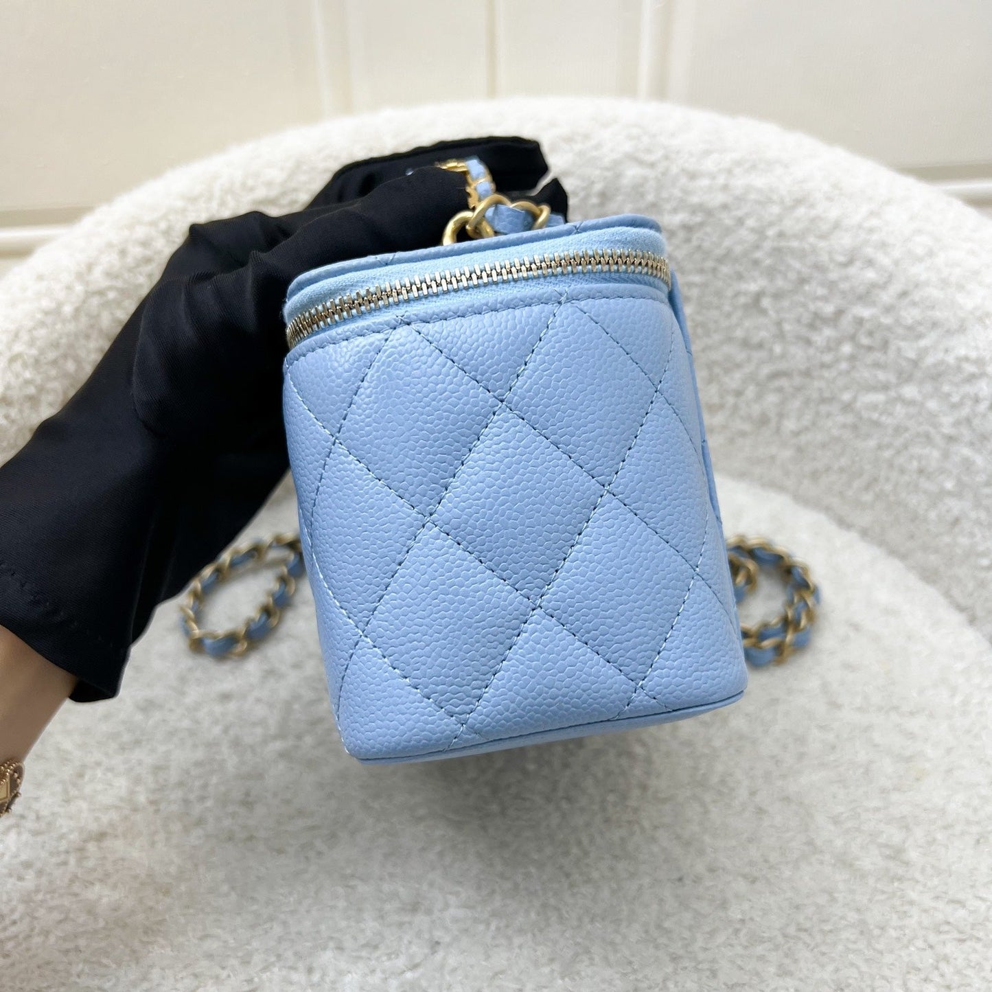 Chanel 22S "Pick Me Up" Vanity with Top Handle in Baby Blue Caviar and AGHW (Model: AP2805) Handbag