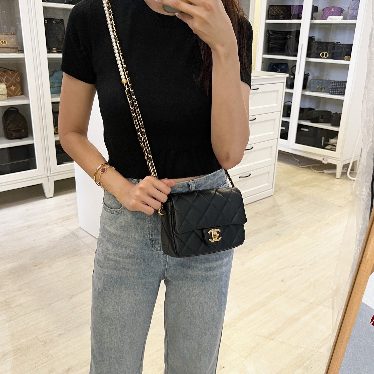 Chanel Perfect Mini Flap Bag with Pearls and Adjustable Chain in Black Lambskin and AGHW