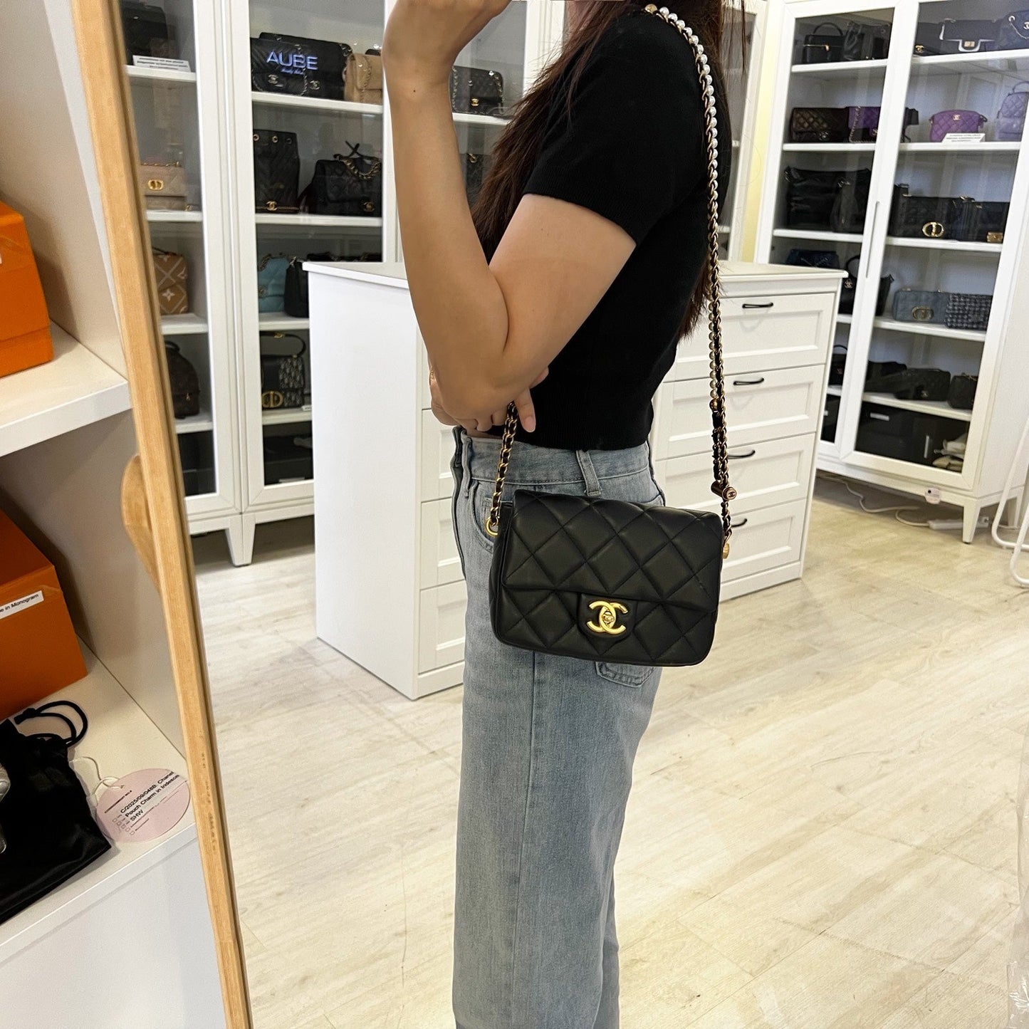 Chanel Perfect Mini Flap Bag with Pearls and Adjustable Chain in Black Lambskin and AGHW