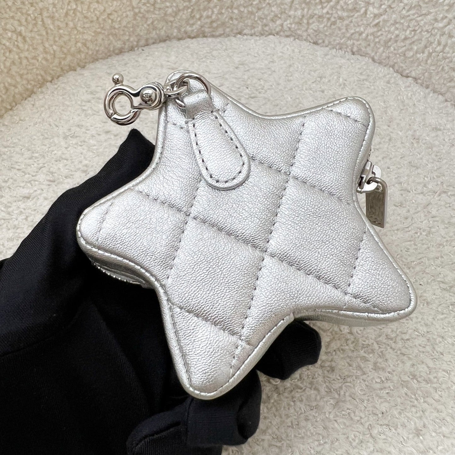 Chanel VIP Gift 24C Star Pouch Charm in Iridescent Silver Lambskin and SHW Clutch