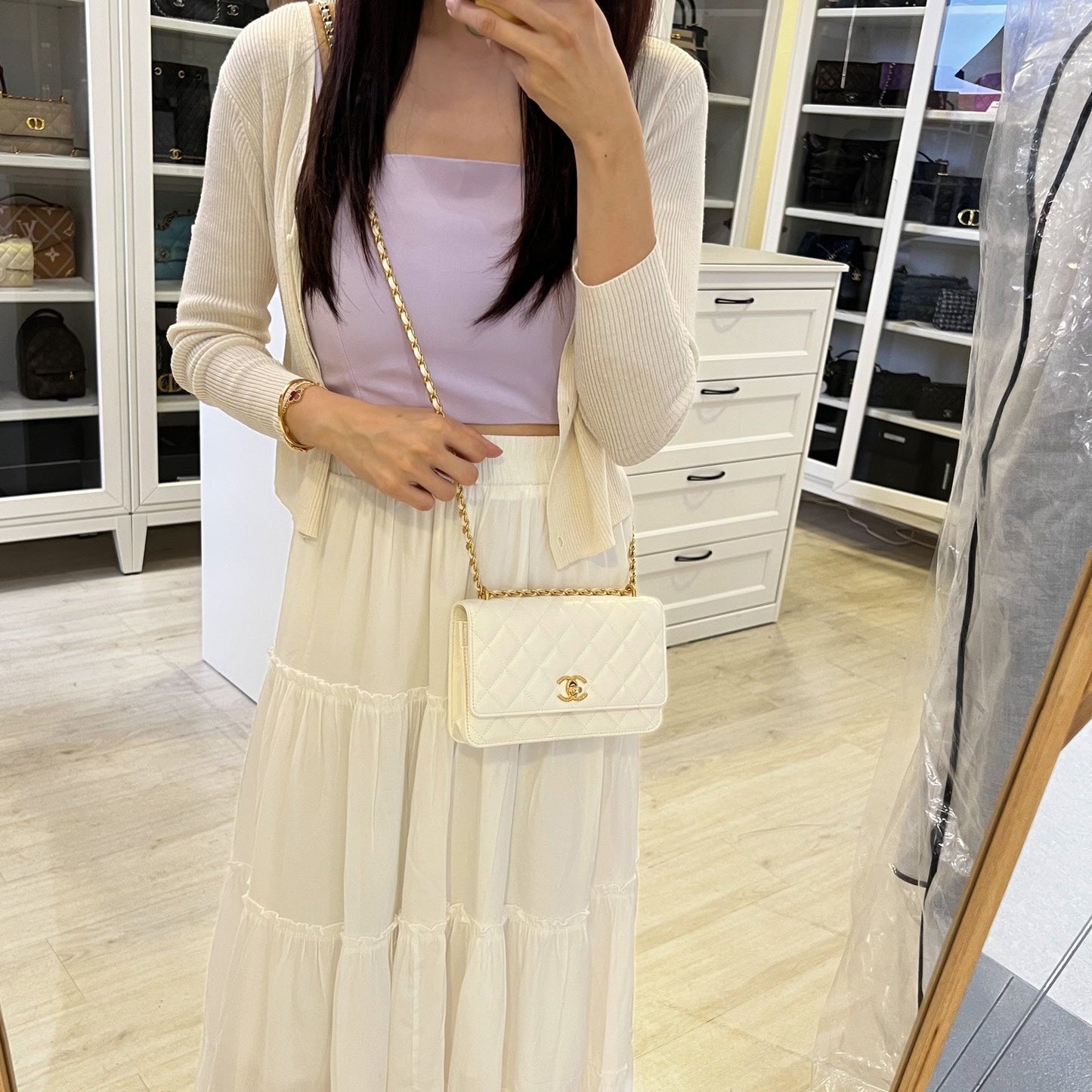 Chanel Seasonal Wallet on Chain WOC in White Lambskin and GHW (Model: AP3102) Crossbody