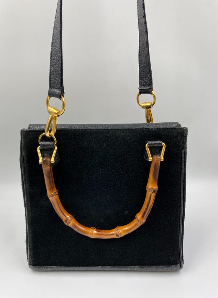 Gucci Bamboo Black Leather Suede Tote Style 1