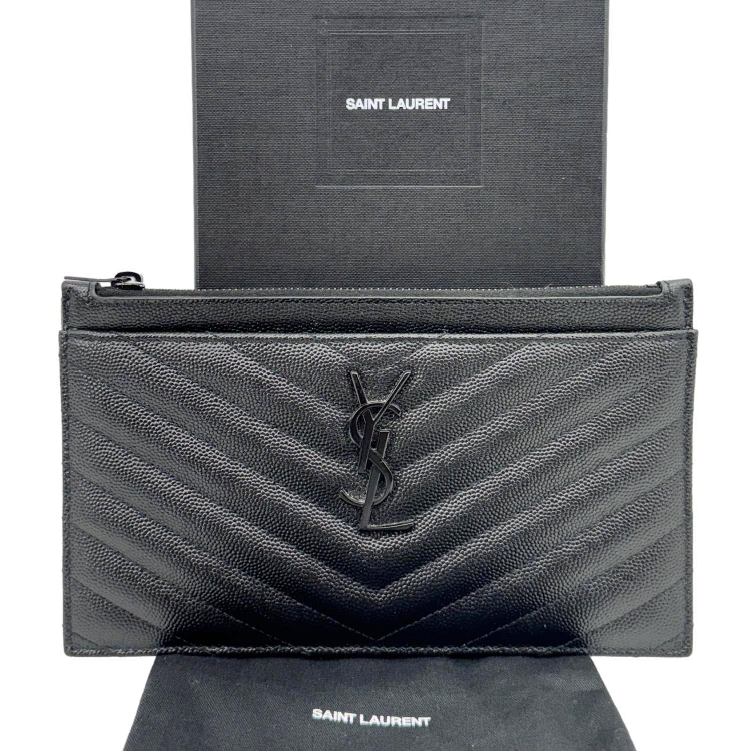 YVES SAINT LAURENT Monogram Bill Grain De Poudre Chevron Leather Zip Pouch Black