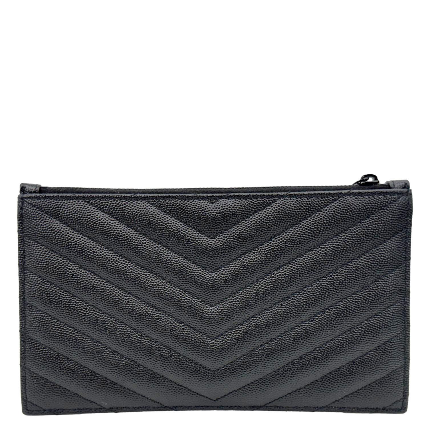 YVES SAINT LAURENT Monogram Bill Grain De Poudre Chevron Leather Zip Pouch Black