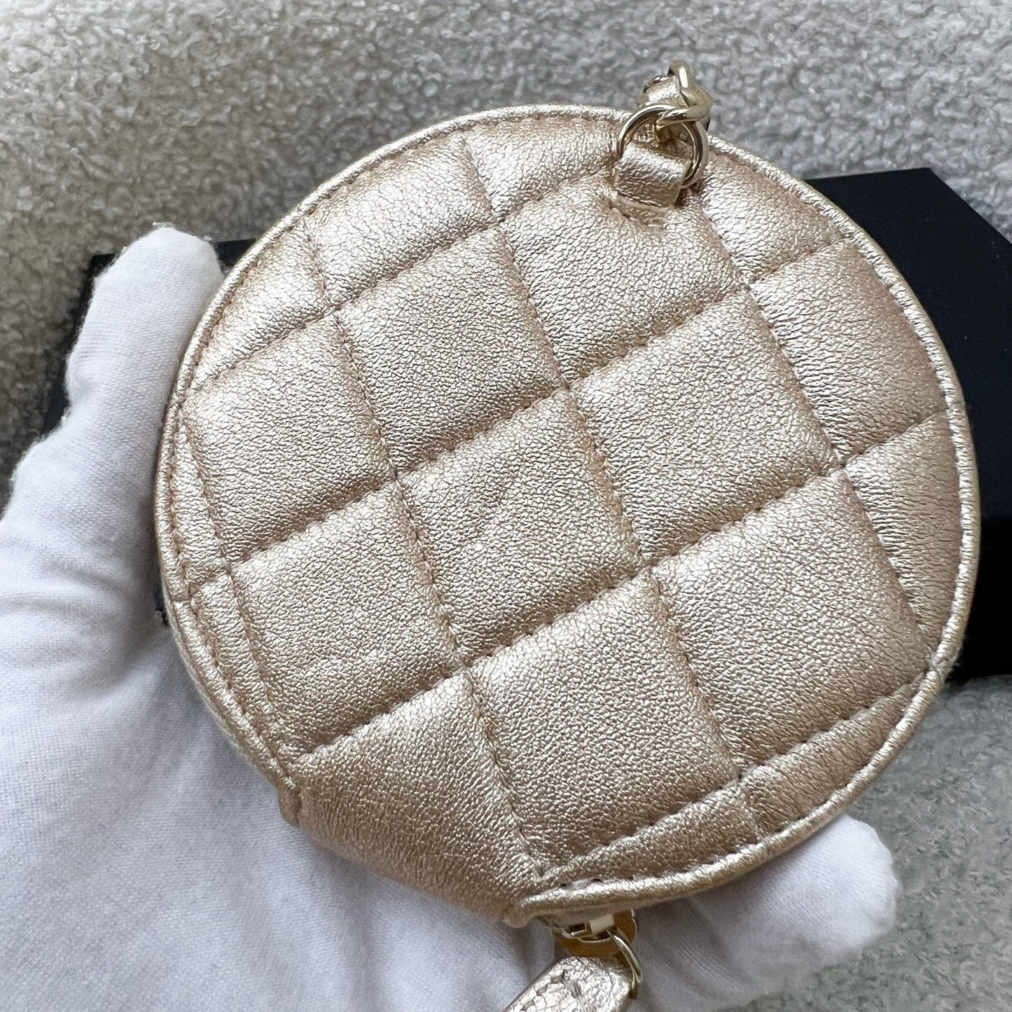 Chanel 2024 VIP Gift Round Pouch and Airpods Holder Bag Charm in Metallic Gold Lambskin and LGHW
