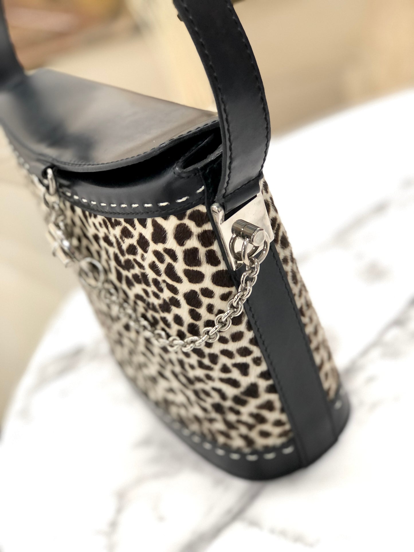CELINE Unborn calf Dalmatian pattern Mantel Shoulder bag Black Old CELINE dn7e23