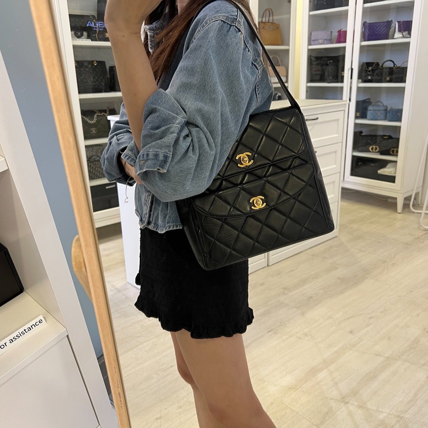 Chanel Double Pocket Shoulder Bag in Black Lambskin and 24K GHW
