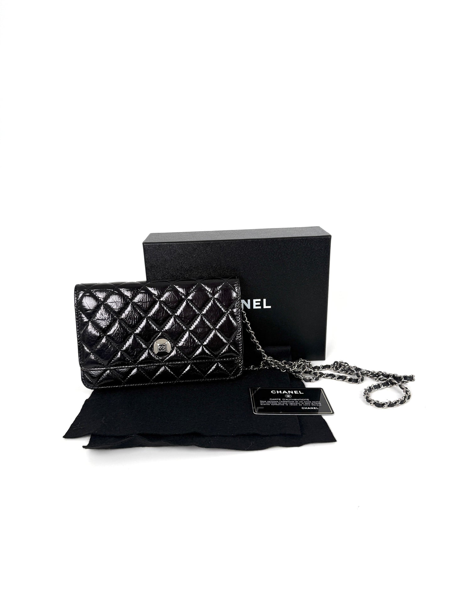 CHANEL Black Glazed Wallet on Chain Crossbody WOC Bag