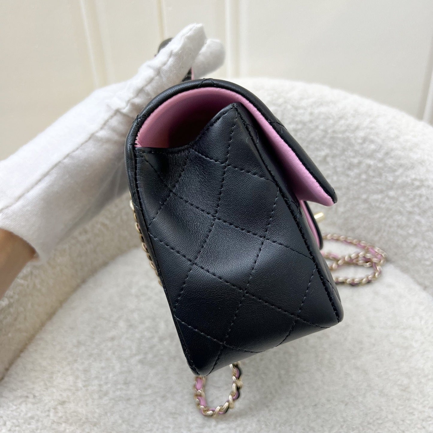 Chanel 23P Top Handle Mini Rectangular Flap in Black and Pink Lambskin LGHW (Model: AS2431) Handbag