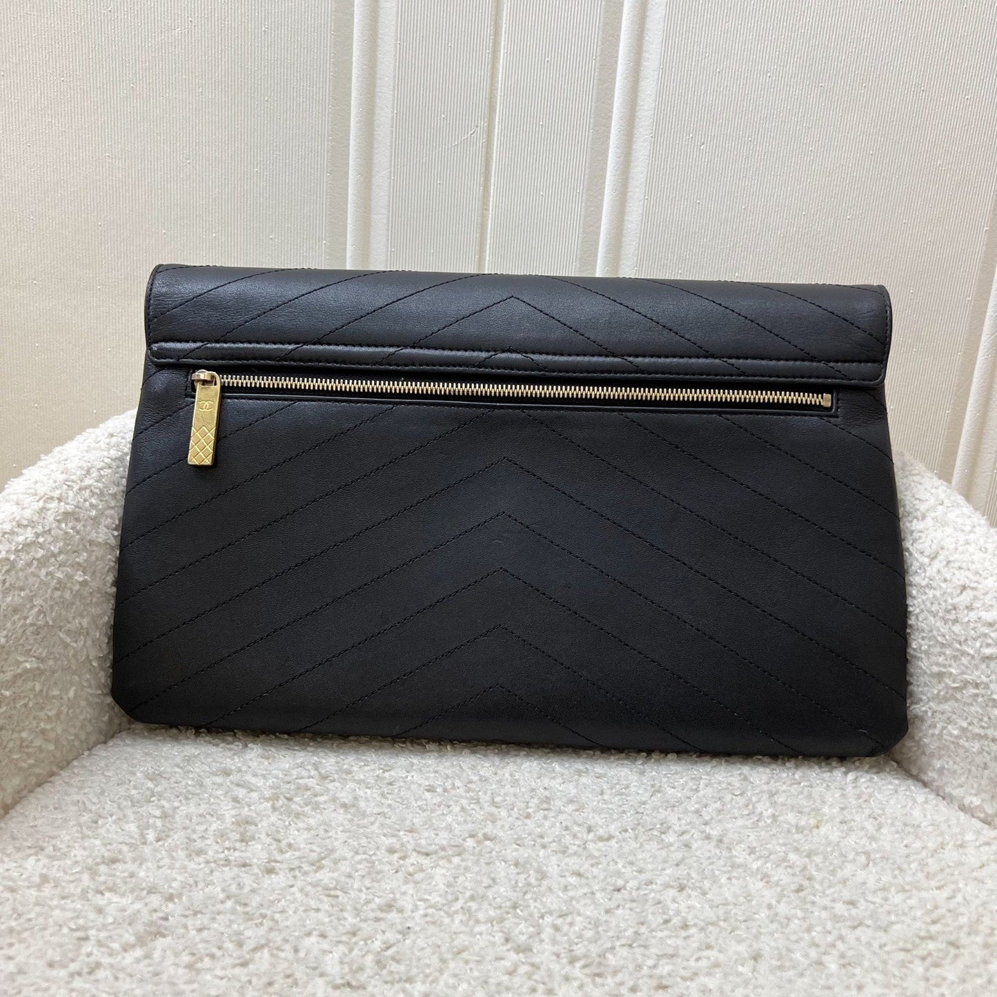 Chanel Clutch in Chevron Quilted Black Calf Leather and AGHW