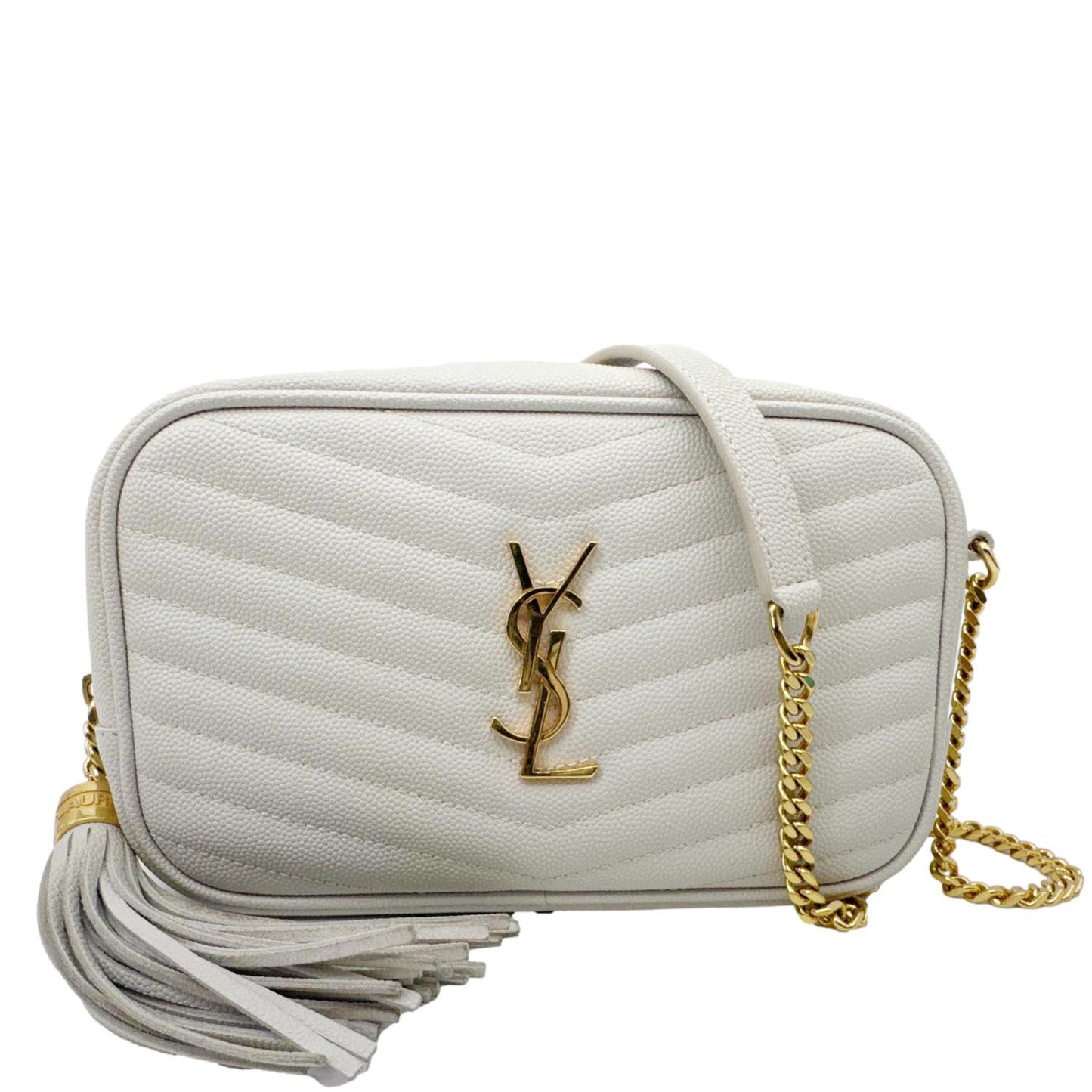 YVES SAINT LAURENT Lou Mini Chevron Leather Camera Crossbody Bag Off White